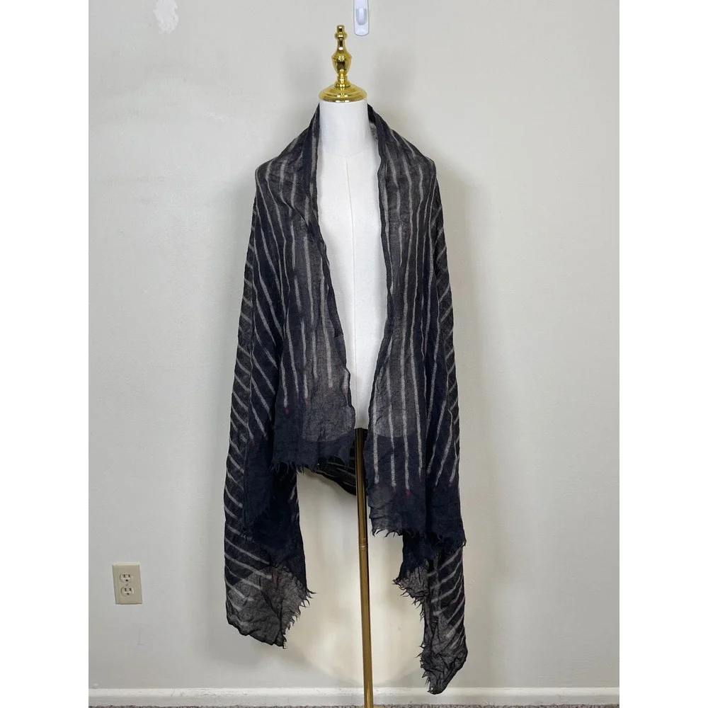 Striped Wool Gauze Wrap Scarf Black White‎ Frayed Edge Lightweight Oversized